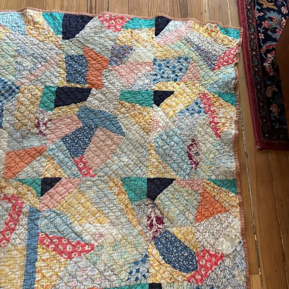 Vtg Crazy Patchwork Quilt Handmade Scrunchy Cotton Colorful 54x69” Feedsack?